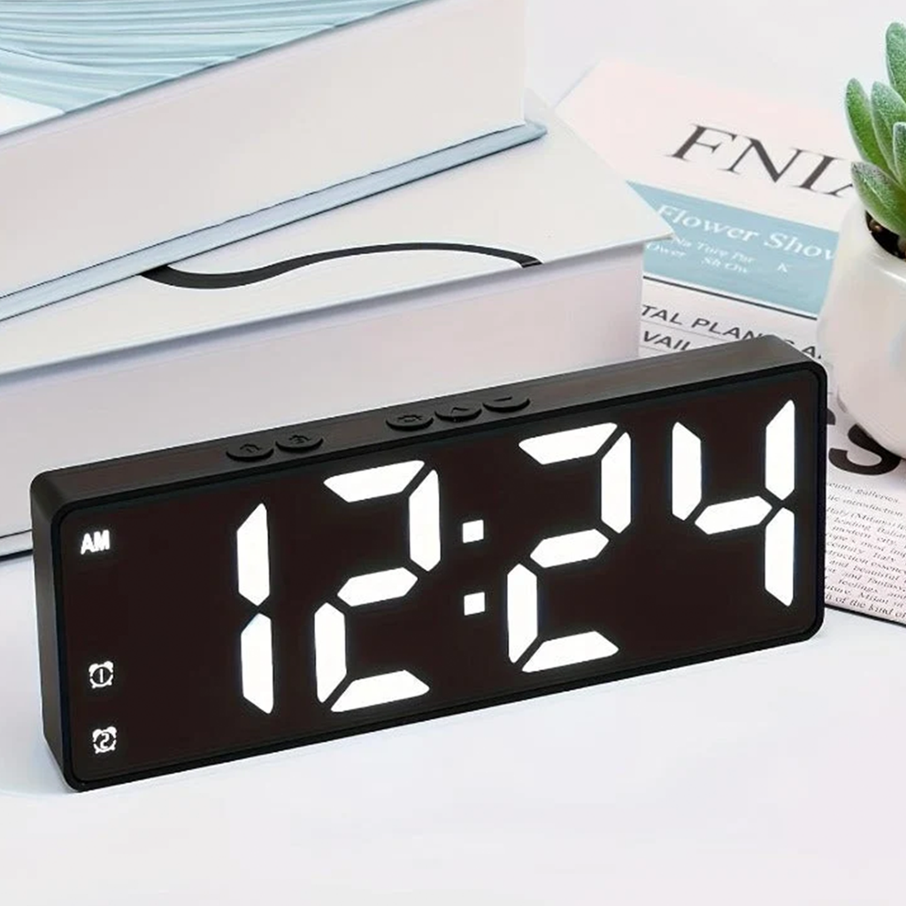 Large Digit LED Digital Alarm Clock, Dual Alert Setting Desktop Time Display With Adjustable Screen Brightness