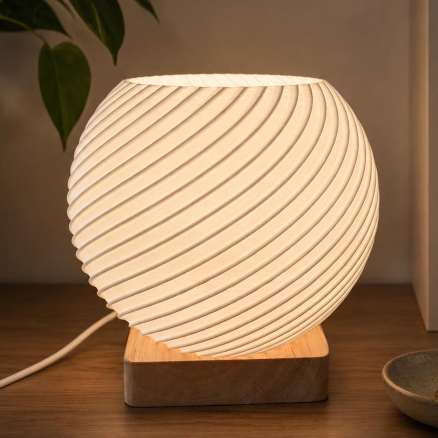 Spiral Textured Globe Table Lamp, Minimalist Ambient Lighting Fixture For Bedroom And Interior Decor
