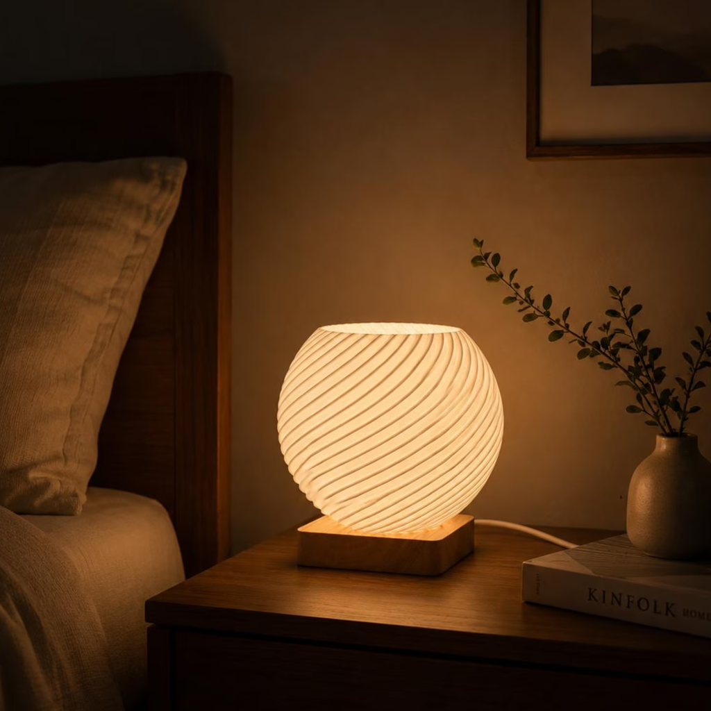 Spiral Textured Globe Table Lamp, Minimalist Ambient Lighting Fixture For Bedroom And Interior Decor