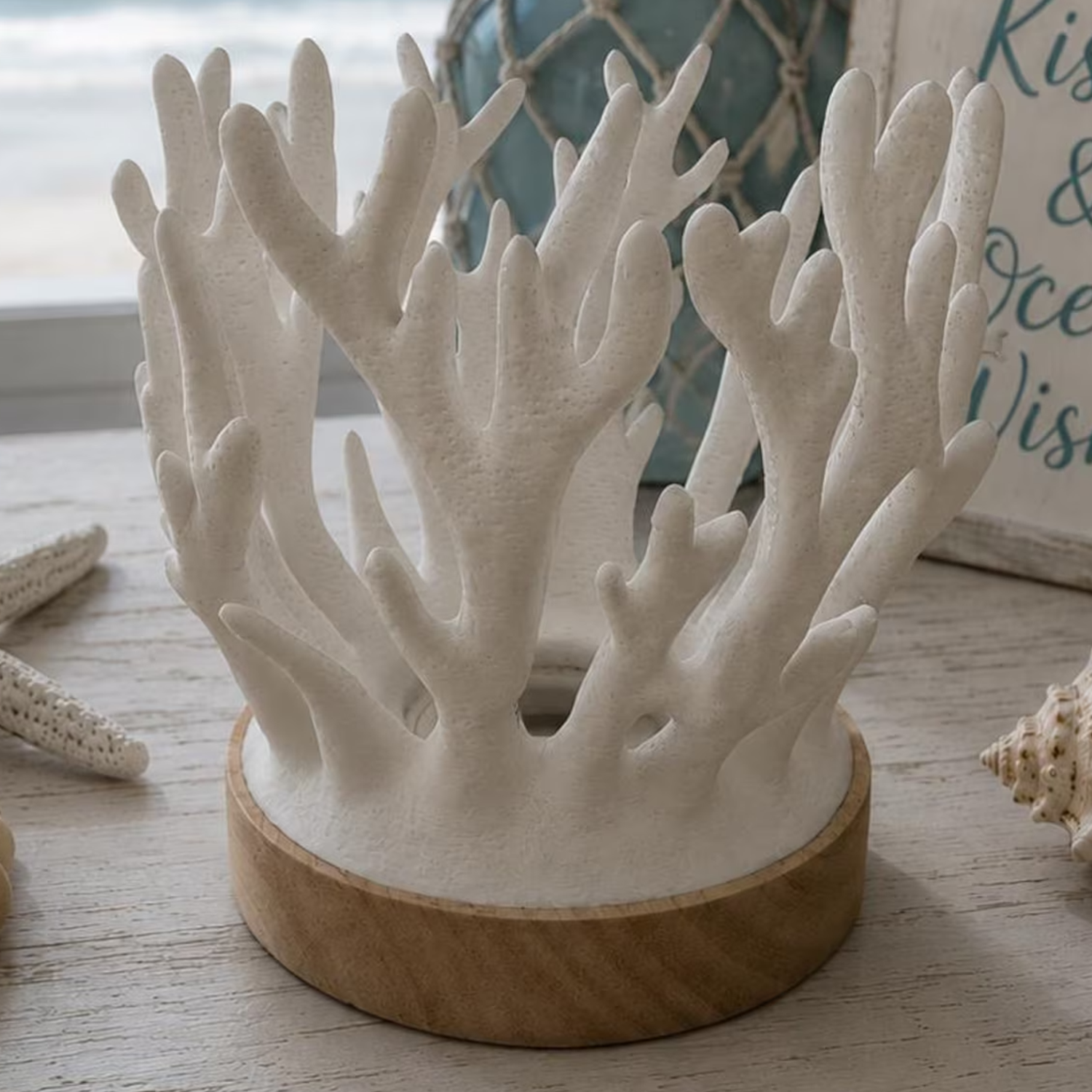 Ocean Coral Sculpture Ambient Lamp, Nautical Style Decorative Night Light With Circular Base