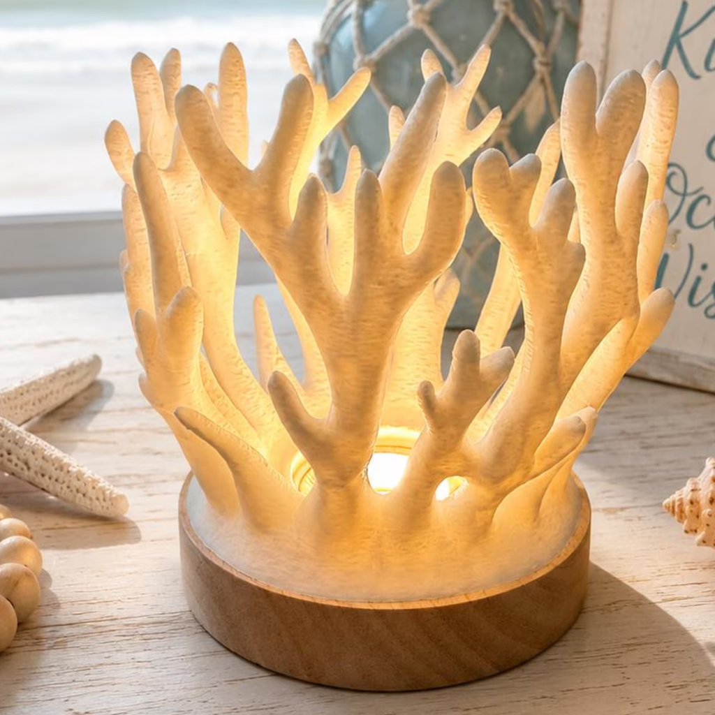 Ocean Coral Sculpture Ambient Lamp, Nautical Style Decorative Night Light With Circular Base