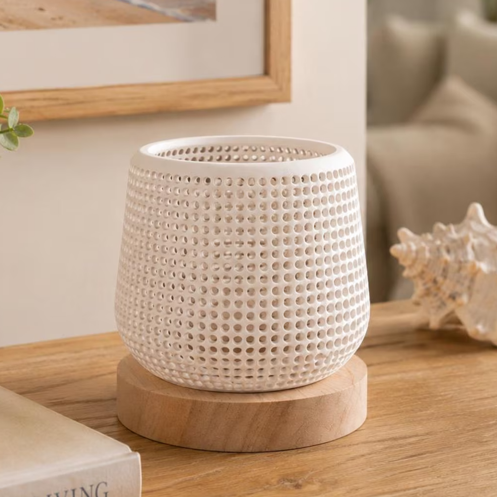 Perforated Cylindrical Accent Lamp, Scandinavian Style Ambient Light With Round Support Base