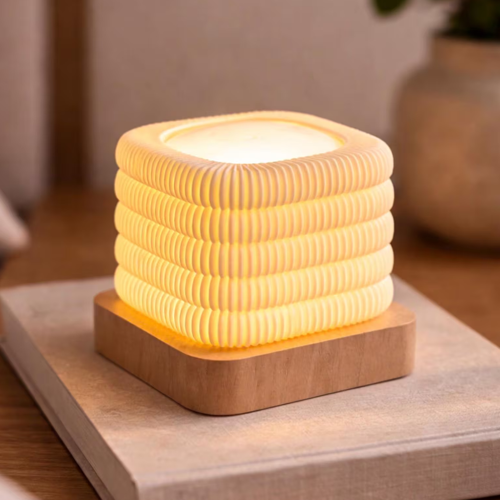 Stacked Ribbed Cube Mood Lamp, Compact Decorative Lighting With Solid Rectangular Base